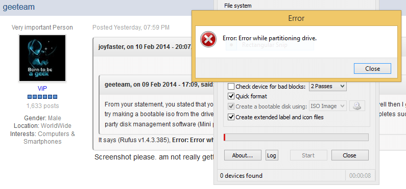rufus error while partitioning drive