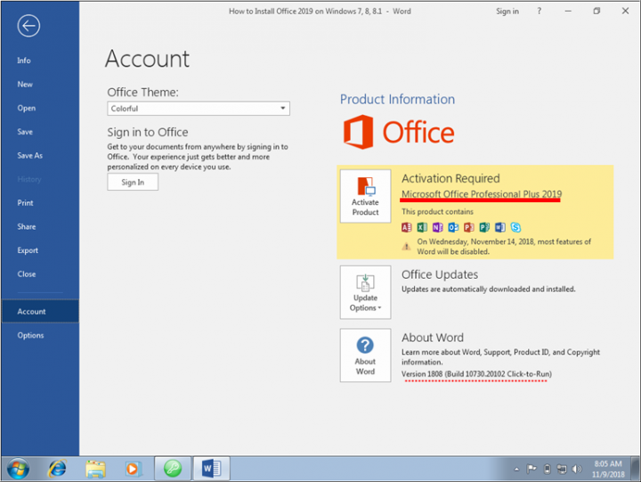 Unable to install office 2019 on windows 7